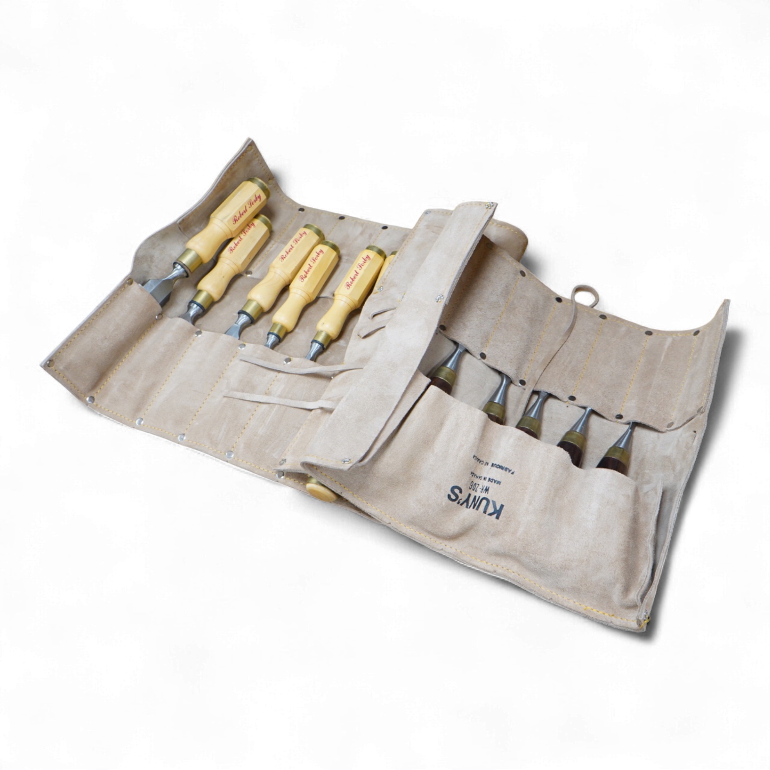 Two sets of Robert Sorby woodworking chisels, both in Kuny’s of Canada leather tool rolls; a nine piece set with octagonal handles, together with a six piece set with rosewood handles